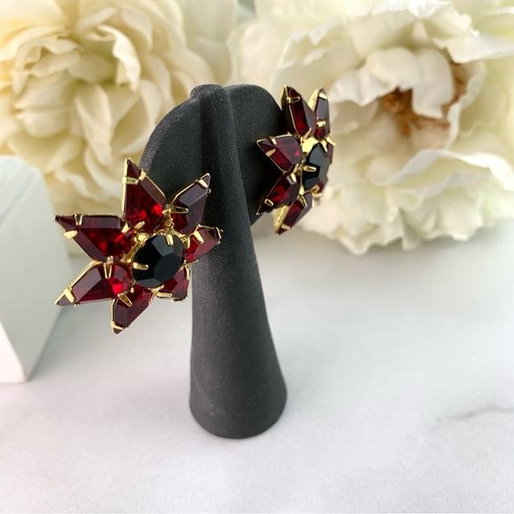 Vintage Gold Tone Starburst Bloody Red Rhinestone Large Earrings - Picture 5 of 14